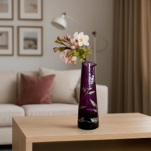 Luxury Transparent Glass Flower Vase with Hand Etched Golden & Silver Leaf Detailing – Modern Home Décor Accent (Lavender)