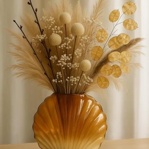 Shell-Inspired Ombre Glass Vase – Elegant Amber & Frosted White | Decorative Flower Vase for Home & Office Decor