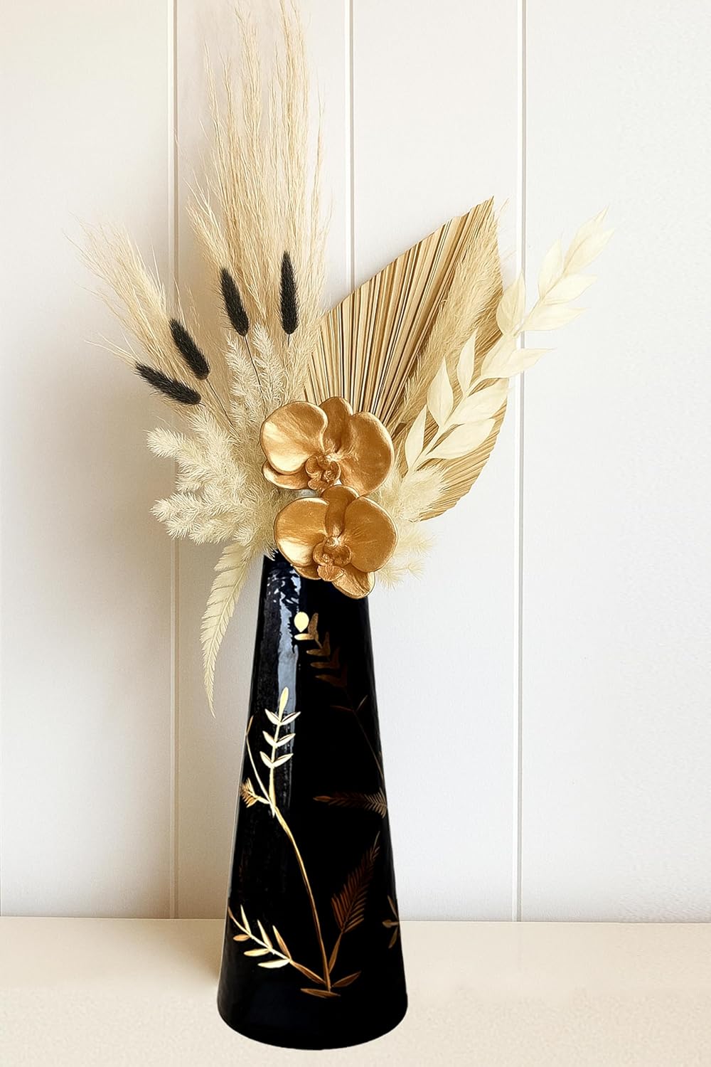 Luxury Transparent Glass Flower Vase with Hand Etched Golden & Silver Leaf Detailing – Modern Home Décor Accent (Black) - Image 3