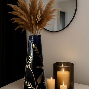 Luxury Transparent Glass Flower Vase with Hand Etched Golden & Silver Leaf Detailing – Modern Home Décor Accent (Black)