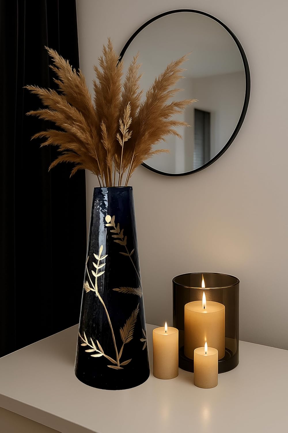 Luxury Transparent Glass Flower Vase with Hand Etched Golden & Silver Leaf Detailing – Modern Home Décor Accent (Black)